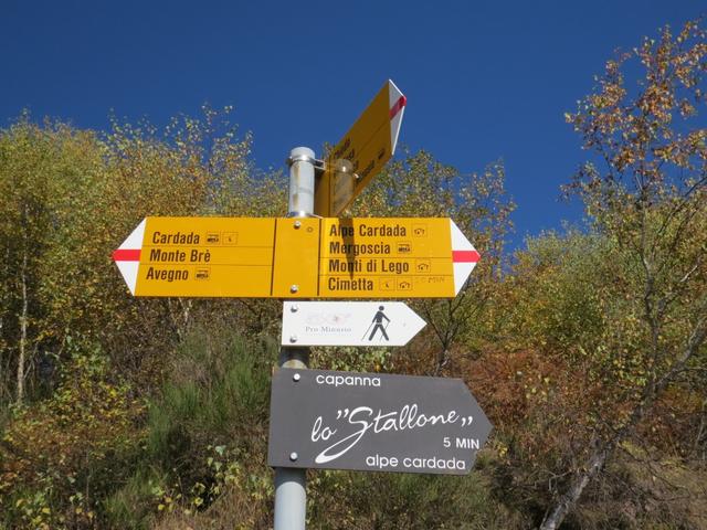 Wegweiser bei der Capanna Cardada 1473 m.ü.M. das wir über einen breiten Weg erreicht haben