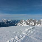 Blick zu den Churfirsten: Selun, Frümsel, Brisi, Zuestoll, Schibenstoll und Hinderrugg. Den Selun haben wir auch schon besucht