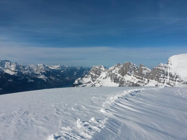 Blick zu den Churfirsten: Selun, Frümsel, Brisi, Zuestoll, Schibenstoll und Hinderrugg. Den Selun haben wir auch schon besucht