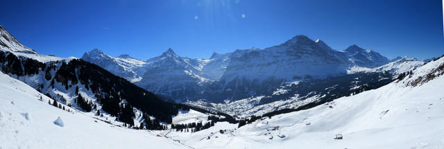 schönes Breitbildfoto mit Wetterhorn, Ewigschneehorn, Schreckhorn, Finsteraarhorn, Eiger, Mönch und Jungfrau