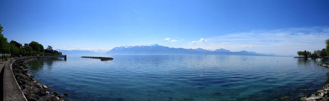 schönes Breitbildfoto mit Blick auf den Genfersee. Der Lac Léman ist 70km lang, 10km breit und 300m tief