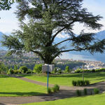 sehr schönes Breitbildfoto der Parkanlage vom Hôtel du Léman, mit Blick auf Vevey