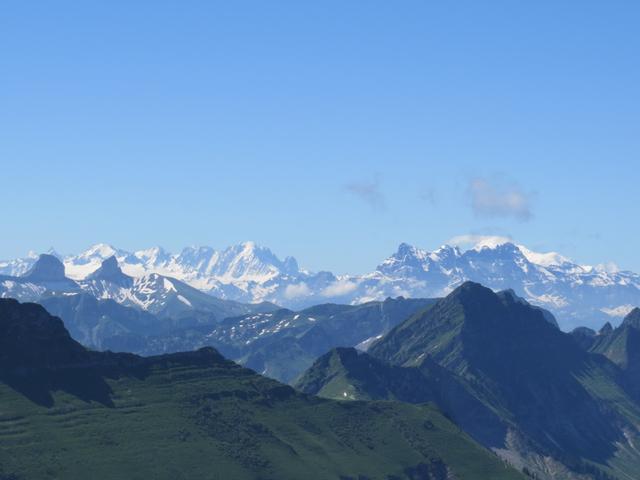Blick über das ganze Wallis zum Dents du Midi, Aiguille du Tour, Aiguille d'Argentiere, Mont Dolent und Mont Vélan