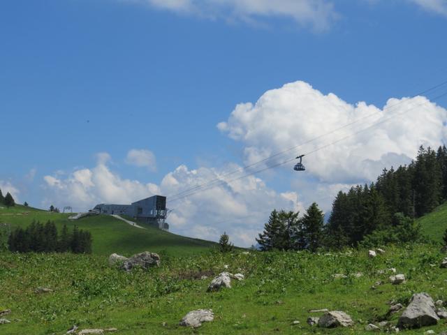 Blick hinauf zur Seilbahn die von Plan Francey, zum Le Moléson hinaufführt