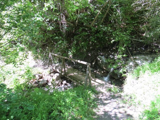 über diese kleine Holzbrücke überschreiten wir den Bergbach Torrent des Fornys 960 m.ü.M.