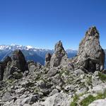 zwischen den Clochetons gut ersichtlich, das Trientgebiet mit Mont Dolent, Aiguille d'Argentière und Aiguille du Tour