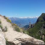 mit Blick in die Berner Alpen, führt der Bergweg danach einen kleinen Linksbogen durch