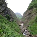 Blick in den Sperrbachtobel. Altschneeresten liegen noch im Bach