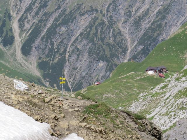 Tiefblick auf die Weggabelung und auf die Memmingerhütte