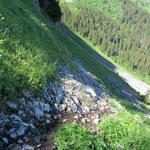 Blick von Punkt 1773 m.ü.M. auf den zurückgelegten Weg. Steil schiesst die Bergflanke in die Tiefe