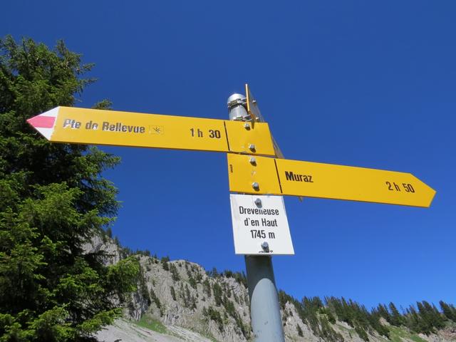 Wegweiser bei Chalets de Dreveneuse 1745 m.ü.M. unser nächstes Ziel lautet nun Pointe de Bellevue