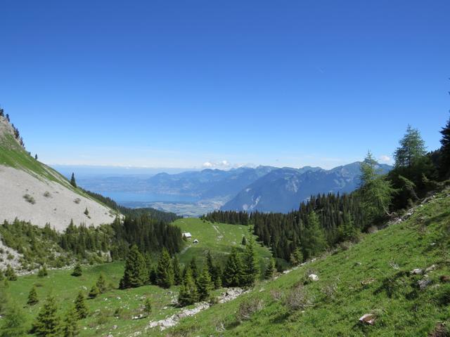 Blick hinunter zu der Hütte von Chalets de Dreveneuse und zum Genfersee