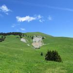 Blick hinauf zum Pointe de Bellevue. Auf dieser Seite ein harmloser Grashügel