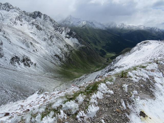 Blick hinunter ins Passeier Timmelstal. Oben weiss unten grün