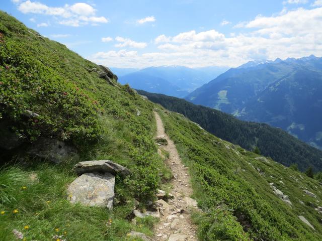 die Aussicht auf diesem Höhenweg ist sehr schön. Die Aussicht reicht bis zur Ortler- und Brentagruppe