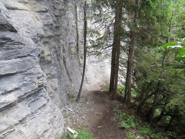 der Wanderweg führt nun direkt an der steilen Felswand vorbei
