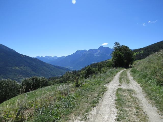 wir verlassen den Wald und laufen weiter Richtung Gignod. Der Blick weitet sich