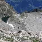 gut ersichtlich der Gratweg auf einer Seitenmoräne des Glacier d'Orny. Links der Lac d'Orny