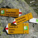 Wegweiser bei der Weggabelung 2409 m.ü.M. hier biegen wir links ab Richtung Col des Bastillon