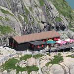 Blick von der Staumauer hinunter zur Cabane du Vieux-Emosson