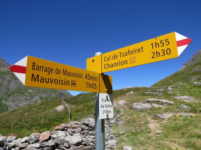 Wegweiser bei Écuries du Giétro 2180 m.ü.M.