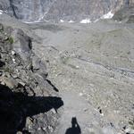 Blick von der Moräne hinunter in die Steinwüste der Gletscherzunge des Glacier de la Tsessette