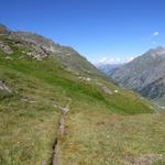 wir verlassen den Höhenweg, der uns hoch über den Stausee, durch die steilen Flanken des Combin-Massiv, talauswärts führte