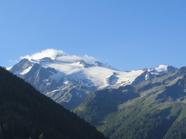 ...auf die vergletscherte Aiguille du Tour und den Mont Blanc erhaschen