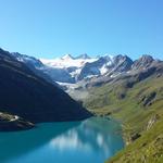 Blick auf den traumhaft schönen Moiry Stausee. Am Talende Glacier de Moiry. Den haben wir auch schon besucht