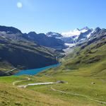 Blick zurück auf die Alpage de Torrent, Lac de Moiry und die Eisriesen Grand Cornier und Dent Blanche