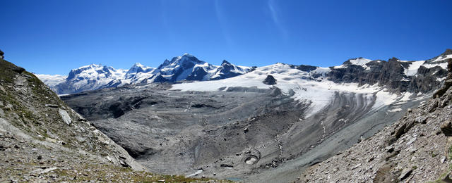 schönes Breitbildfoto mit Blick auf den Furggletscher und Oberer Theodulgletscher