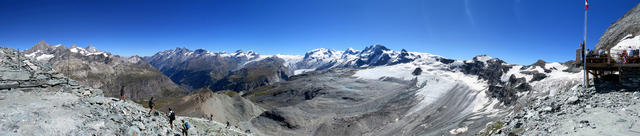 traumhaft schönes Breitbildfoto. Zinalrothorn, Weisshorn, Mischabelgruppe mit Dom, Monte Rosa, Liskamm, Zwillinge und Breithorn