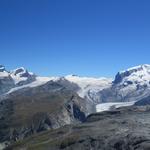 Allalinhorn 4027m, Rimpfischhorn 4199m, Strahlhorn 4190m, Weissgrat, Dufourspitze 4634m und Monte Rosa 4554m