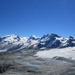 Dufourspitze 4634m, Monte Rosa 4554m, Liskamm 4479m, Castor 4223m, Pollux 4092m, Breithorn 4159m und Klein Matterhorn 3883m