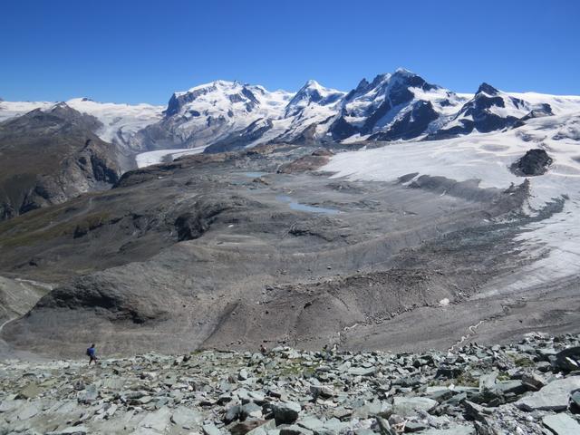 Blick auf den Furggletscher, Furggsee, Oberer Theodulgletscher, Theodulsee, Trockener Steg und Gandegghütte