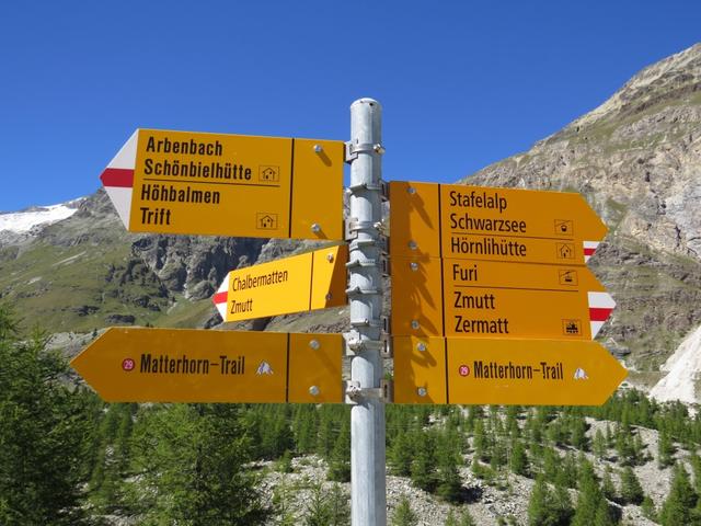 taleinwärts Richtung Zmuttgletscher laufen wir nun über diese breite Kiesstrasse zu der Weggabelung Punkt 2189 m.ü.M.