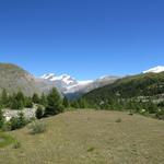 Blick talauswärts Richtung Allalinhorn, Rimpfischhorn, Strahlhorn und Monte Rosa