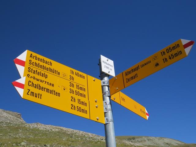 Wegweiser auf Höhbalmen, 2665 m.ü.M. ab hier beginnt nun der Abstieg nach Alterhaupt