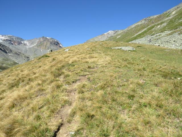 nach dem Alpgebäude führt der Weg rechts über Bergweiden am Hang hoch,...