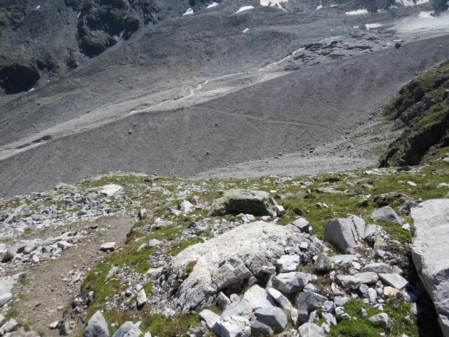 Blick in das gewaltige, von Schuttmassen dominierte Becken des Unteren Stelligletscher. Gut ersichtlich der weitere Wegverlauf