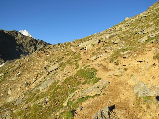 rechts führt der Bergweg über das Schöllijoch zur Turtmannhütte. Die haben wir auch schon besucht
