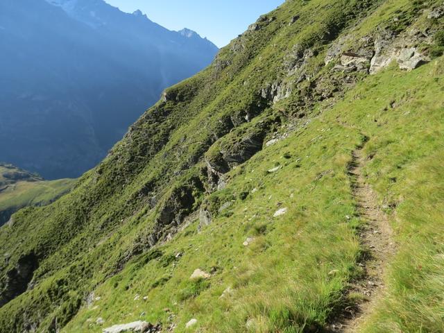 schmale und ausgesetzte Wegabschnitte, teilweise durch steile begraste Flanken müssen nun durchschritten werden