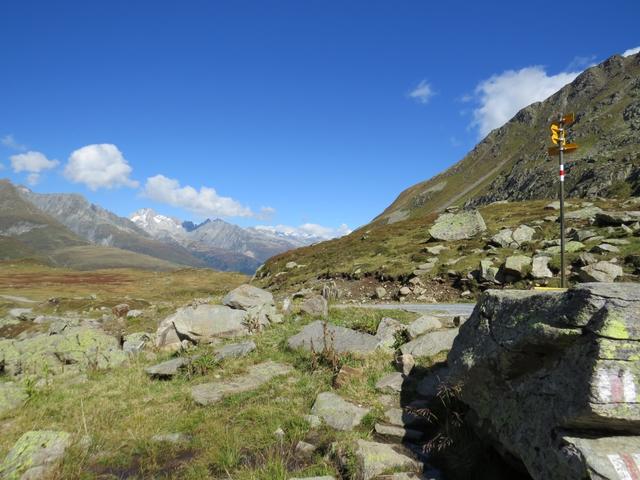 der Wanderweg mündet bei Punkt 2174 m.ü.M. in die Fahrstrasse