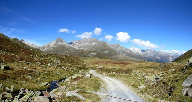 links abbiegend laufen wir nun auf der Fahrstrasse Richtung Norden über die Ebene von Plidutscha