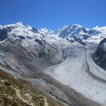 eindrucksvoll vereinigen sich - von hier oben gut ersichtlich - Gorner- und Grenzgletscher