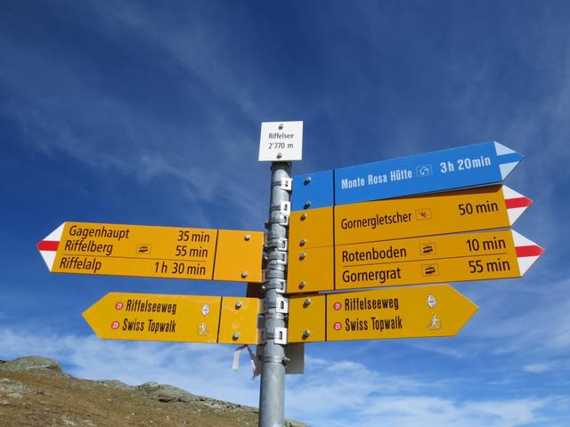 Wegweiser beim Riffelsee 2770 m.ü.M. weiter geht es nun zur Station Riffelberg