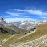 was für ein traumhaftes Panorama: Matterhorn, Dent Blanche, Ober Gabelhorn, Grand Cornier, Zinalrothorn und Weisshorn