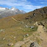 mit Blick auf Zinalrothorn und Weisshorn, wandern wir über breite Wanderwege Richtung Station Riffelberg