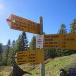 Wegweiser bei Quadrella di Fuori 1791 m.ü.M. Hier könnte man ins Tal nach Campo absteigen