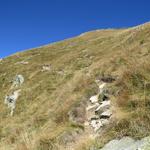 hier biegen wir links ab. Der Bergpfad zu Beginn noch ersichtlich verliert sich danach in diesem steilen Hang